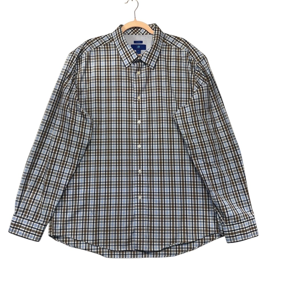 Egara‎ XXL Non-Iron 100% Cotton Button Down Shirt Blue Brown Plaid Preppy Work